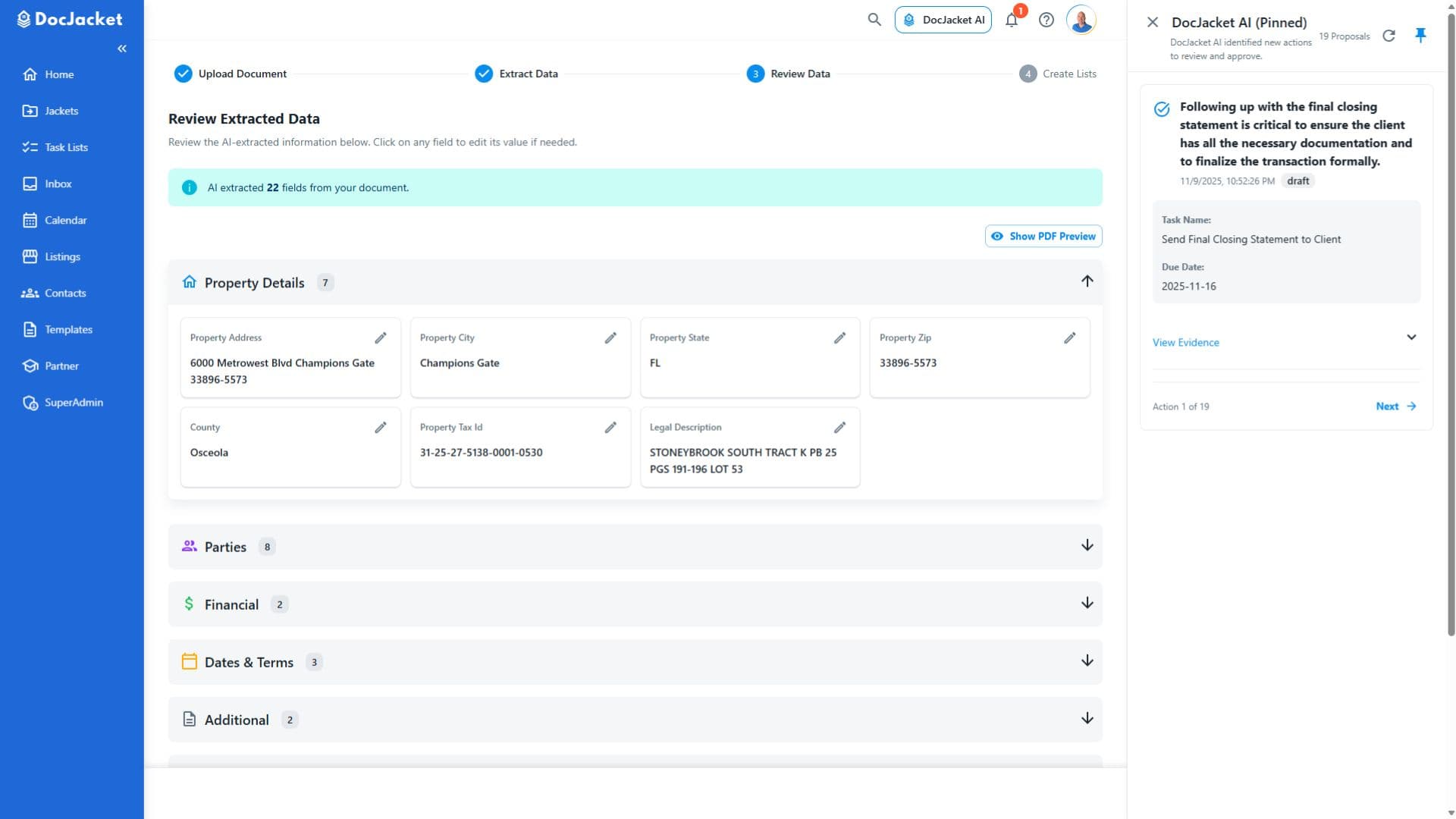 DocJacket dashboard showing transaction coordination interface