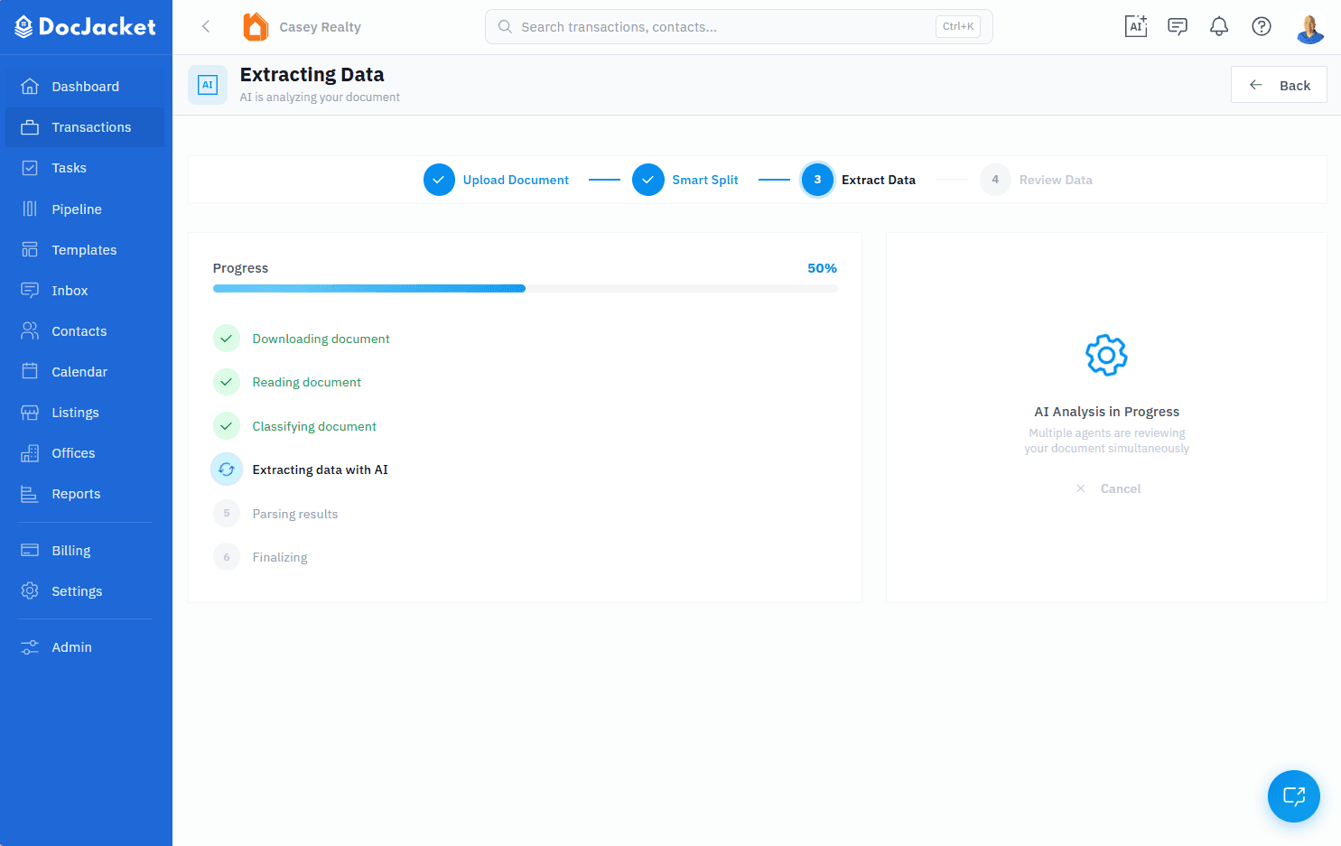 DocJacket AI extracting contract data — parties, dates, sale price — into a transaction file